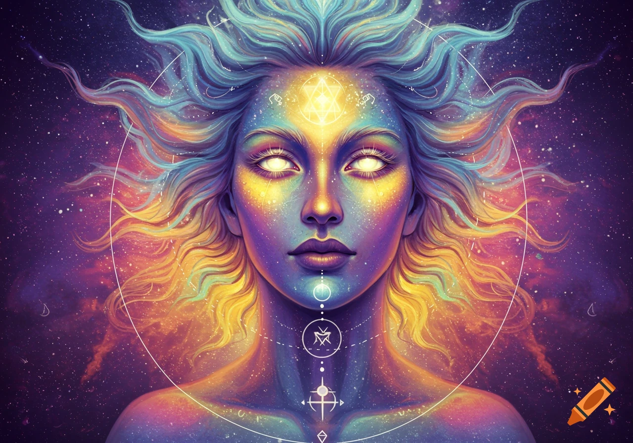 A vibrant, cosmic portrait of a spiritual being with glowing eyes and swirling colorful hair against a starry sky.