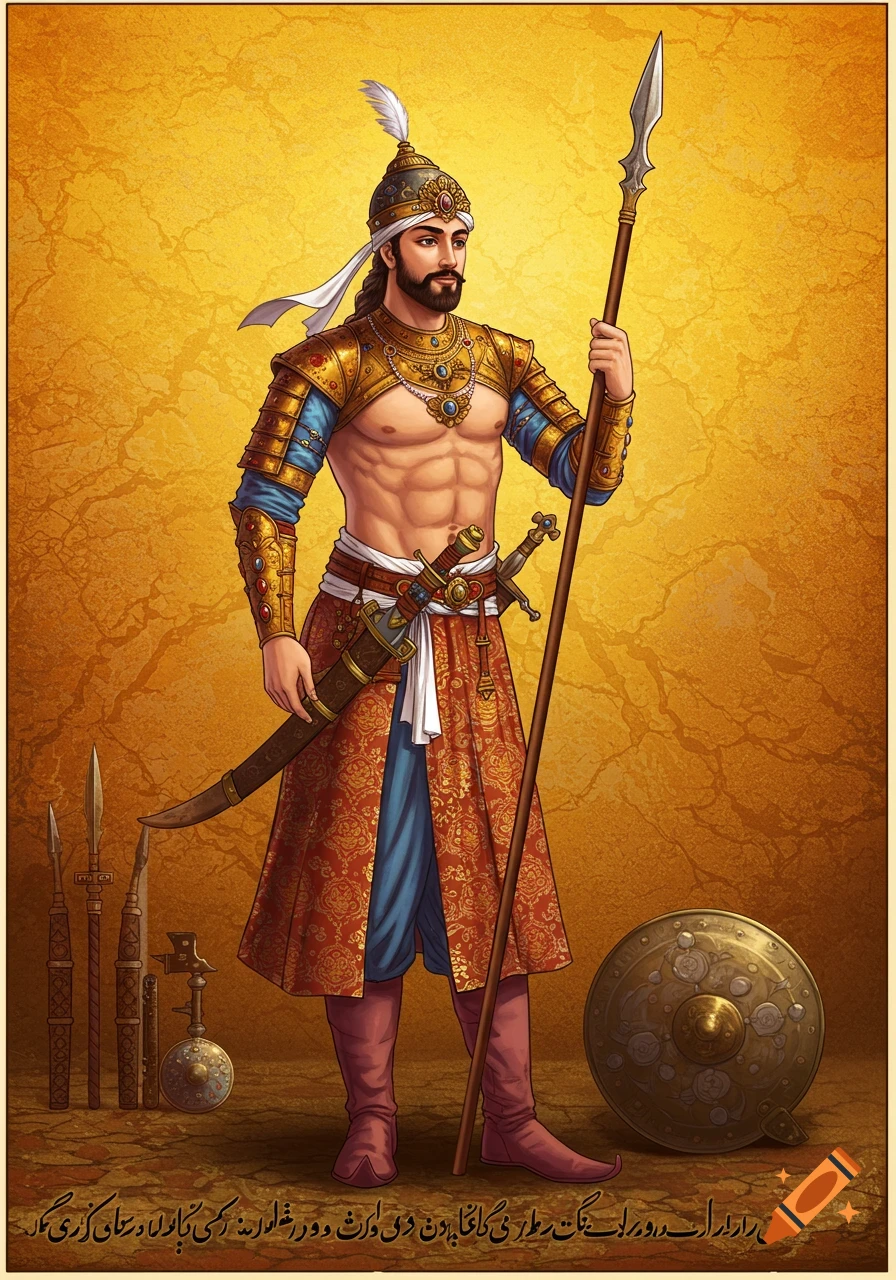 A proud, muscular Persian warrior with a beard and mustache, wearing ornate gold and blue armor over his bare chest, holding a spear. A sword is at his hip. Traditional weapons and a shield lie on the ground. The background is a textured golden yellow, with decorative Persian script at the bottom.