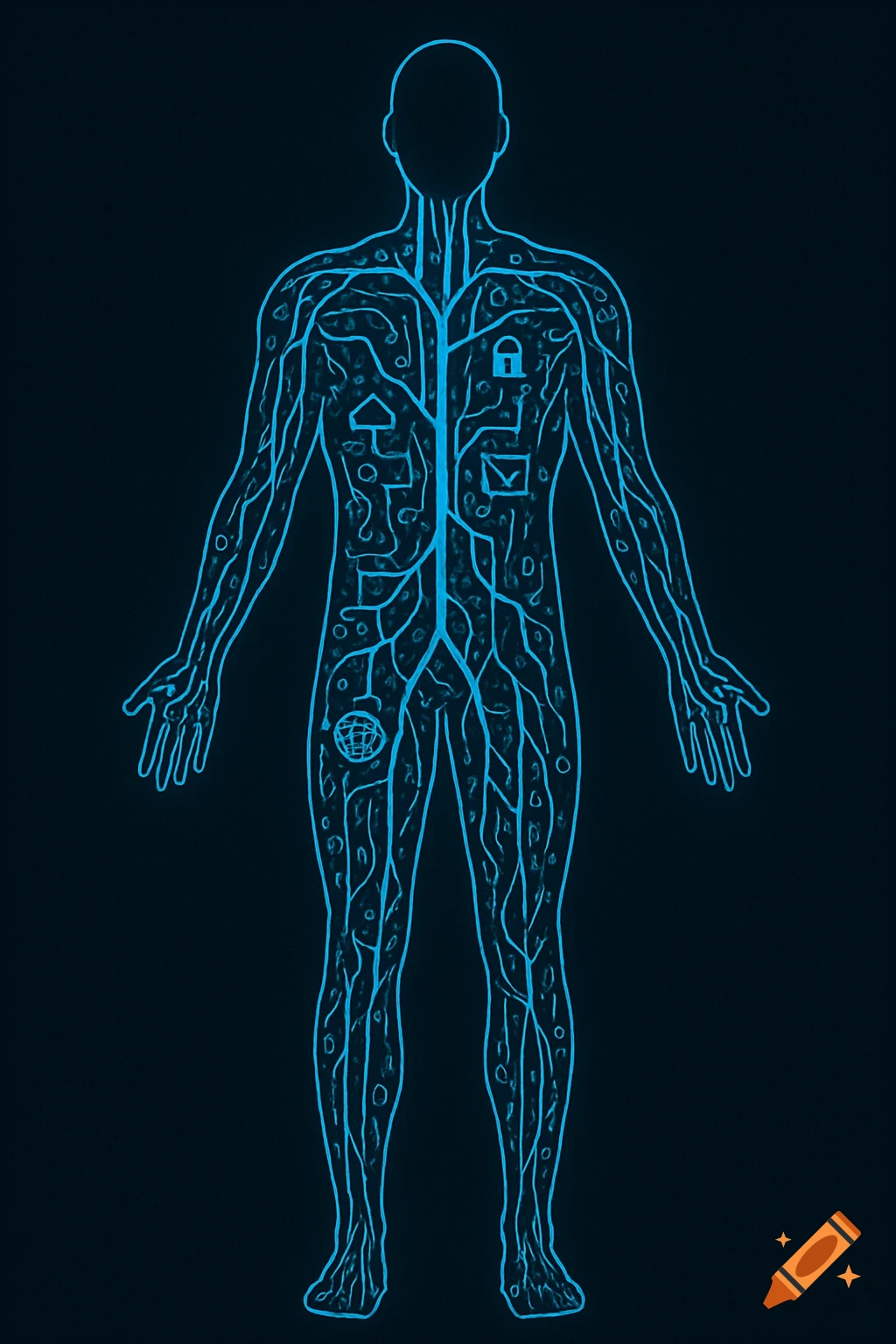 Blue line diagram of a human body with glowing tech symbols and circuits as internal network on a black background.