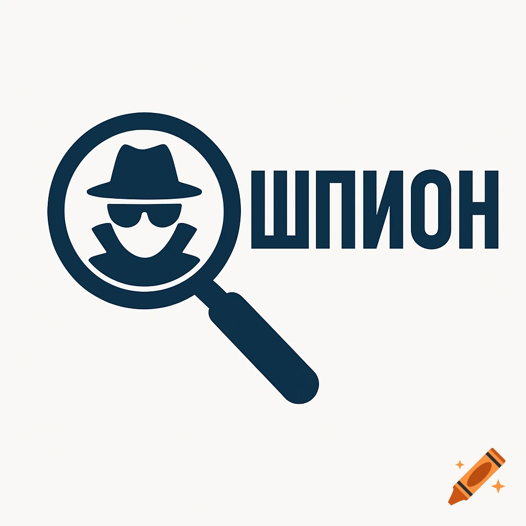 Dark blue logo featuring a spy icon within a magnifying glass next to the Cyrillic word '"ШПИОН"'.
