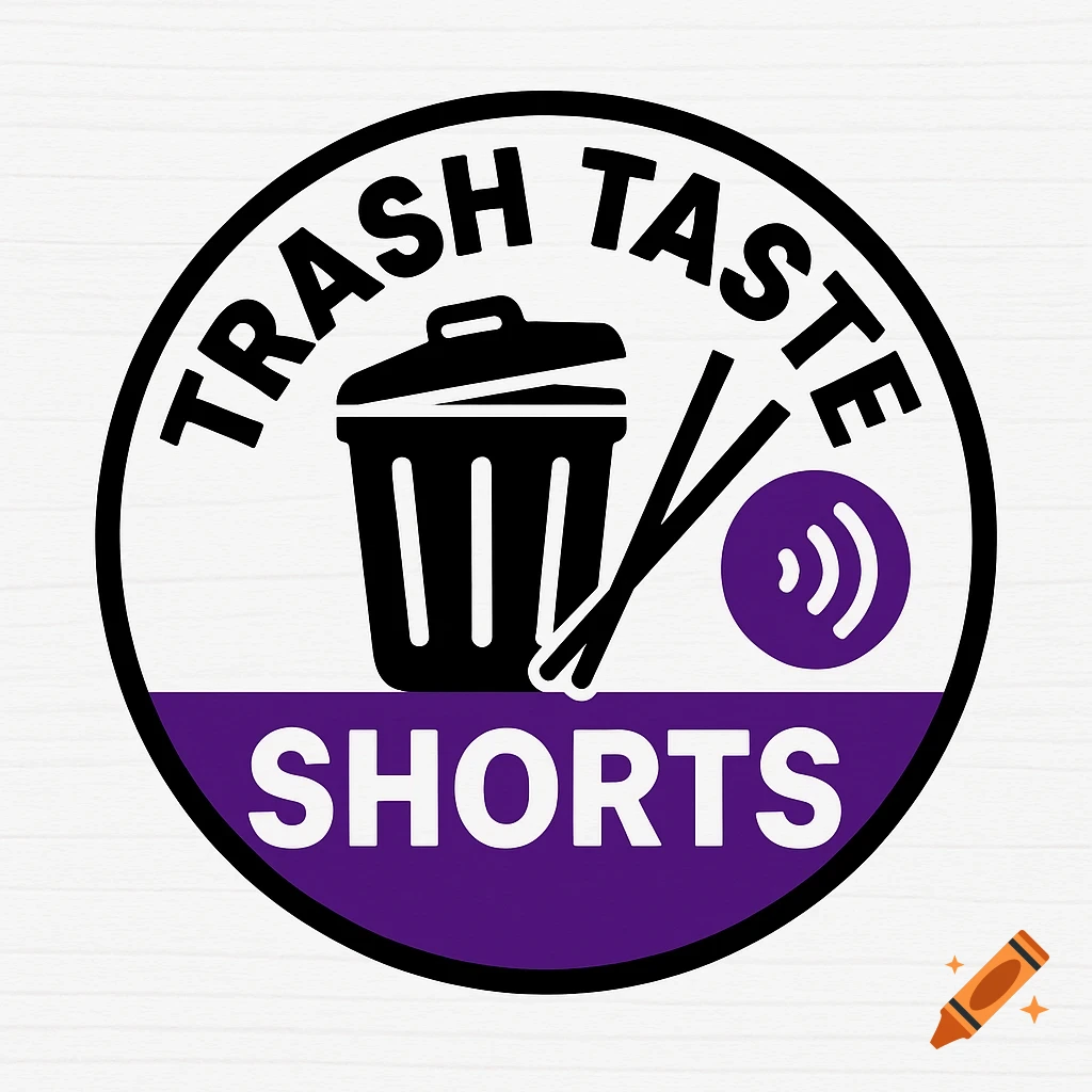 A circular logo with a black border. Inside, a black trash can and two black chopsticks. To the right of the chopsticks is a purple circle with white Wi-Fi signal lines. The words "TRASH TASTE" arc above the trash can, and "SHORTS" is written in white on a purple band at the bottom.
