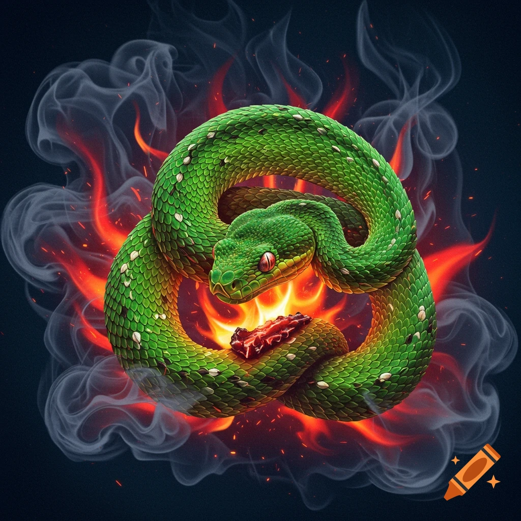 A vibrant green snake with red eyes coiled amidst fiery red flames and wispy white smoke.