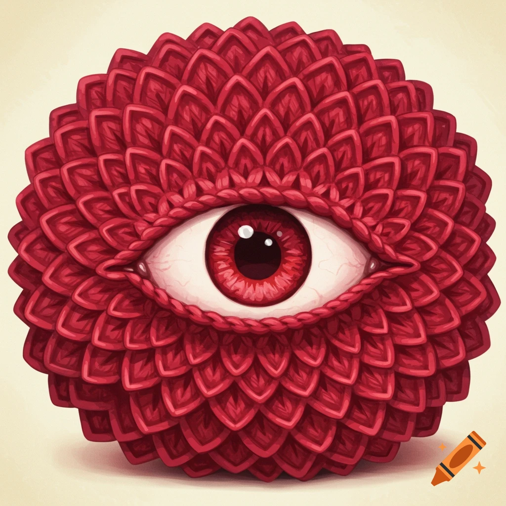An illustration of a red, circular crochet object with scales and a realistic red eye in the center.