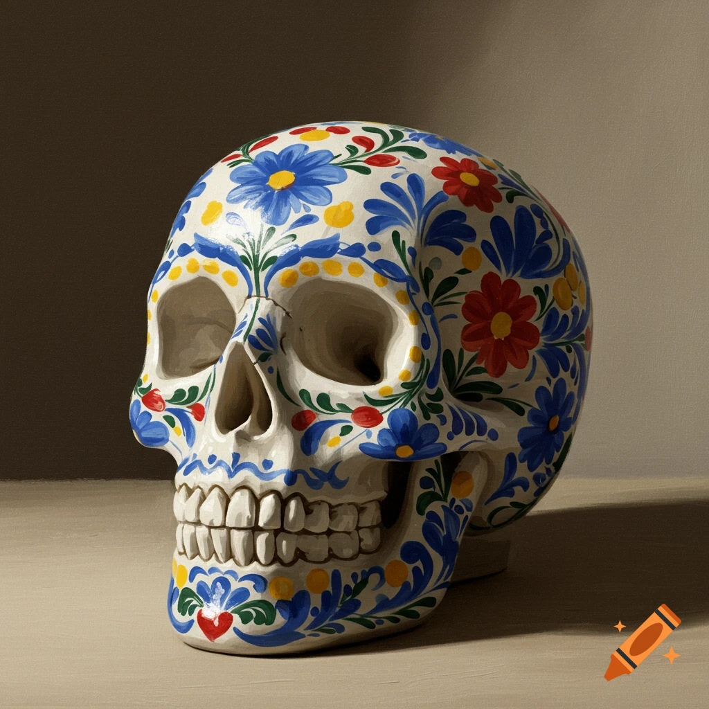 A white skull decorated with colorful blue, red, and yellow folk art floral patterns on a muted background.
