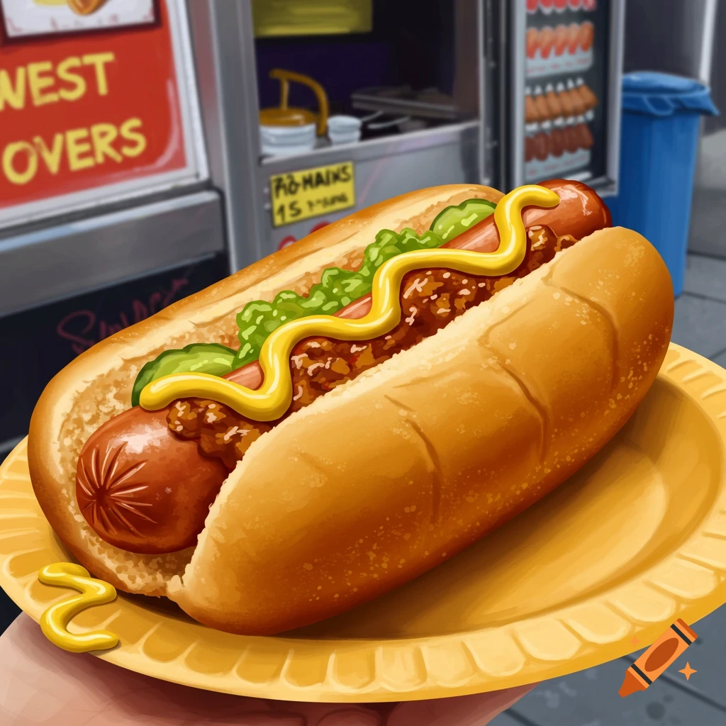 Illustration of a chili cheese hot dog with mustard on a yellow plate, held in front of a street food stand.
