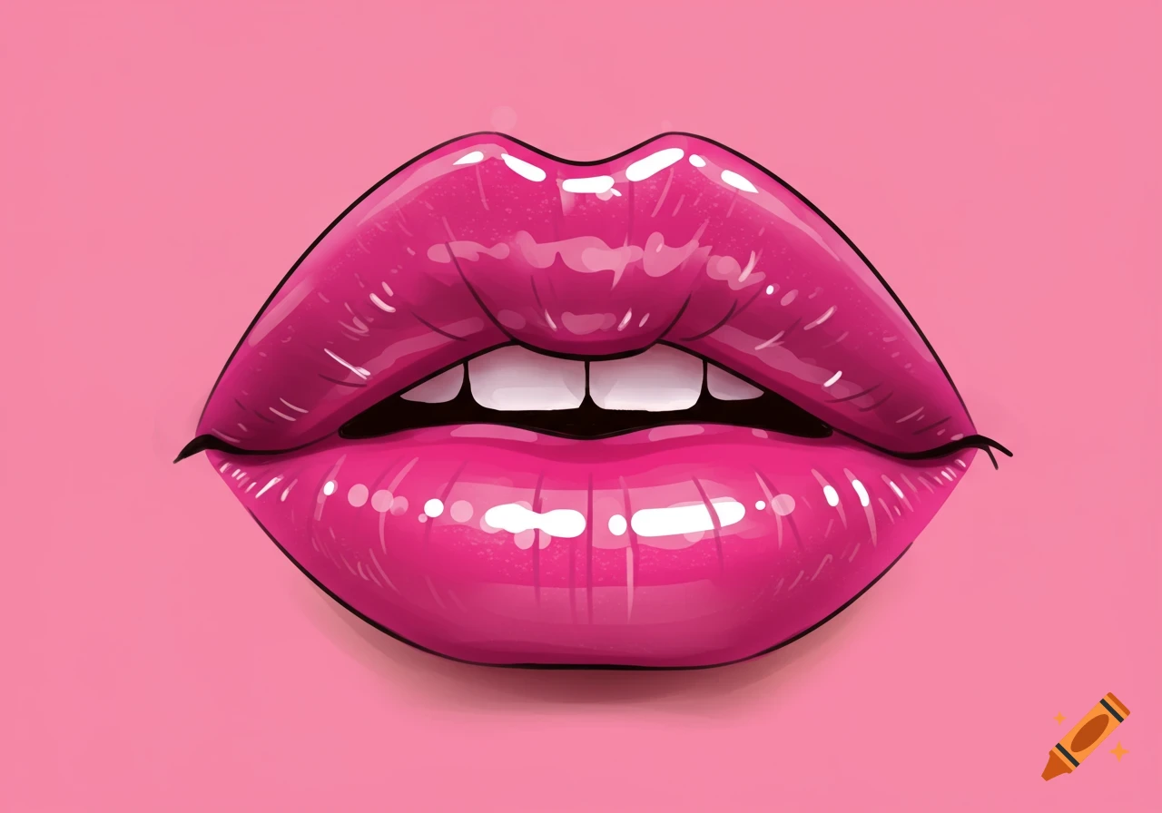Close-up illustration of glossy pink lips with white teeth against a pink background.