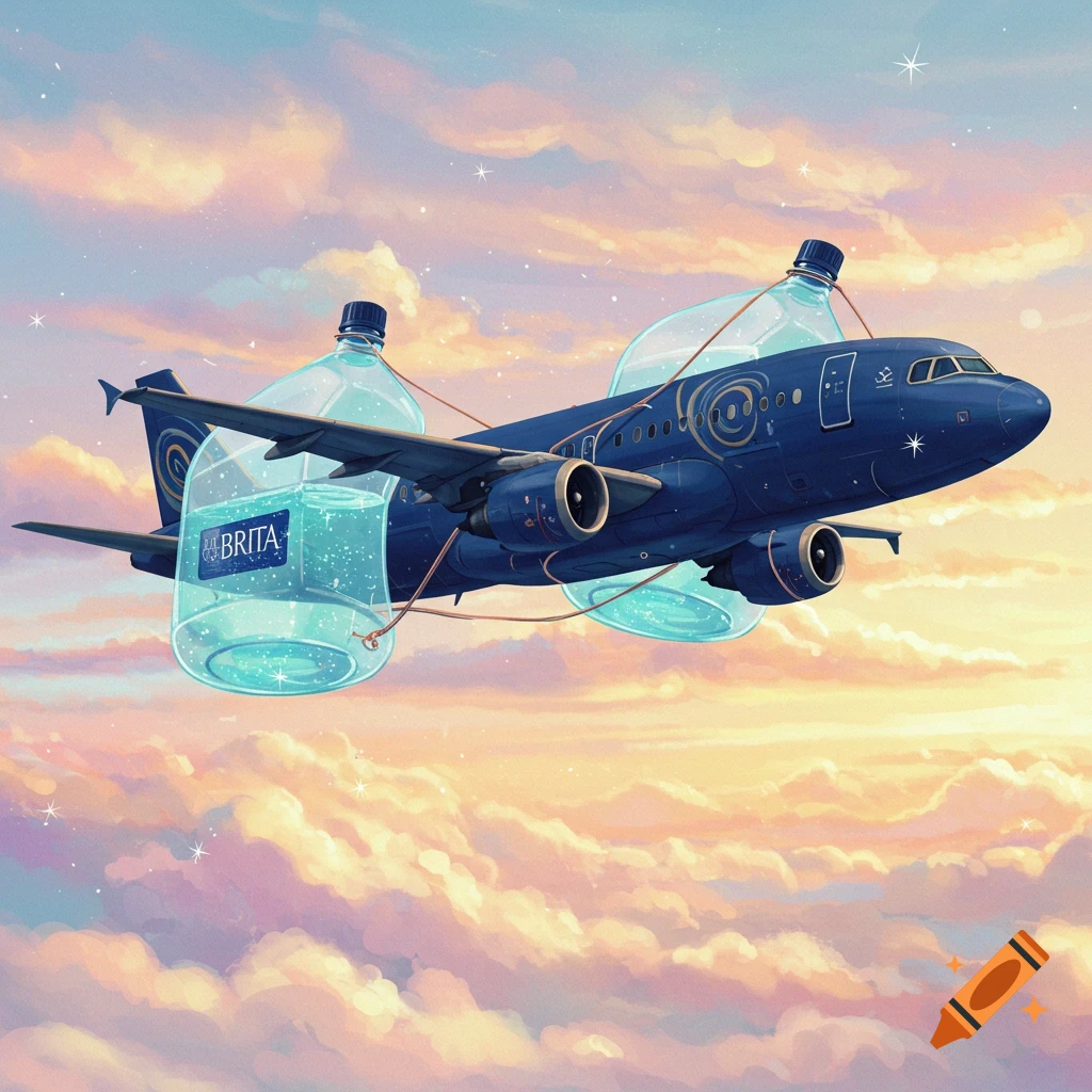 A stylized dark blue airplane with two large clear Brita water filter jugs strapped to its wings flies through a pastel sky filled with soft clouds.