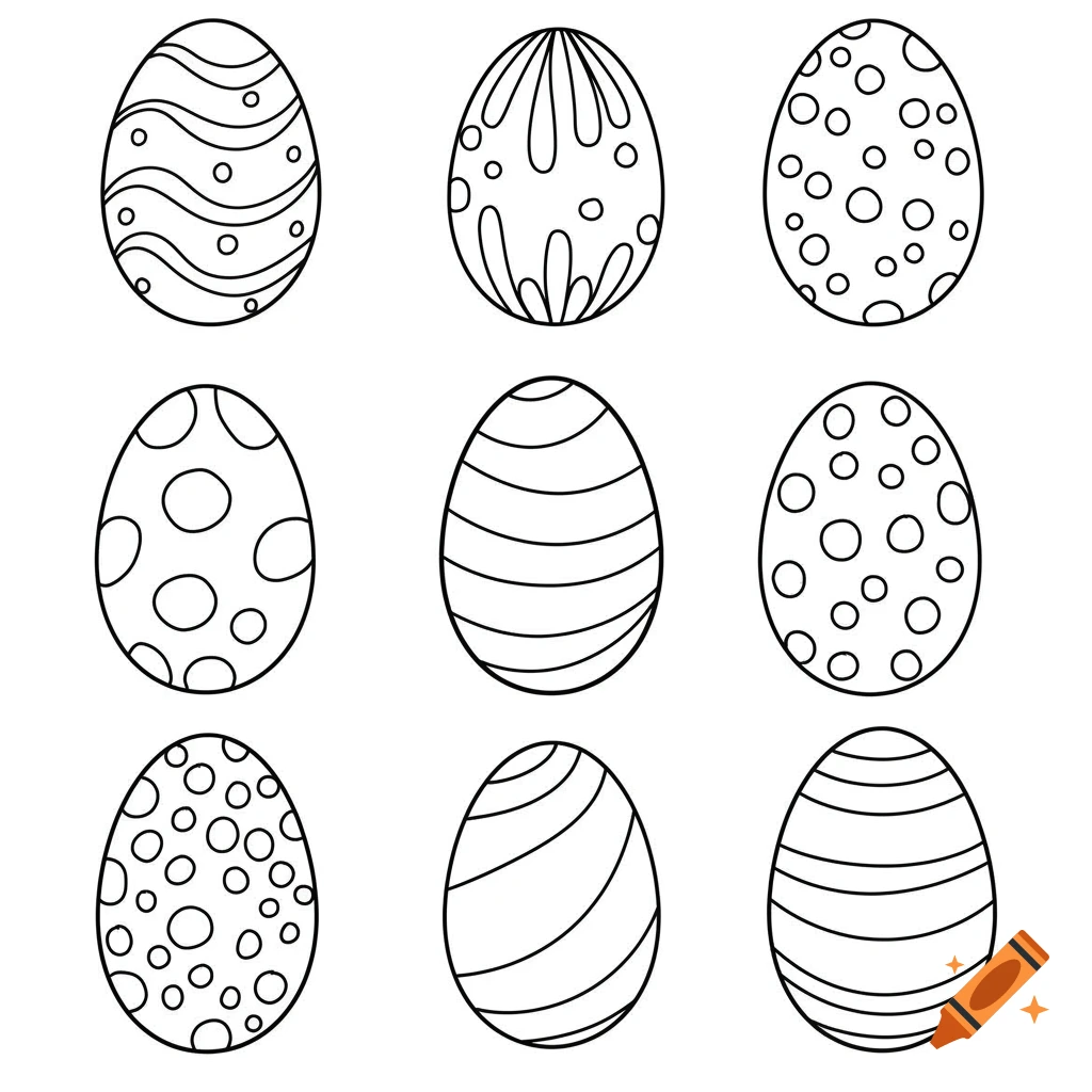 Black and white outline drawings of nine decorated Easter eggs with various patterns, suitable for a coloring book.
