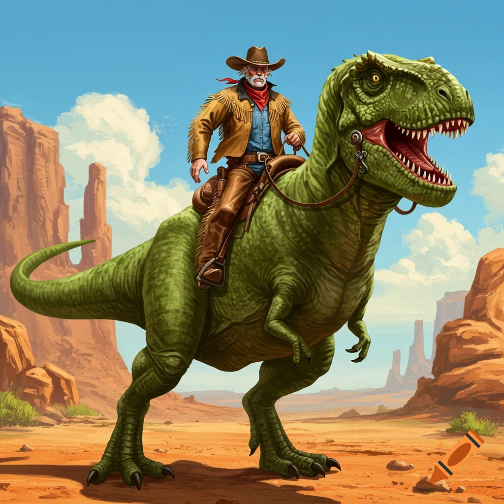 Oil painting of a cowboy in a hat and fringed jacket riding a green Tyrannosaurus Rex through a desert landscape with mesas.