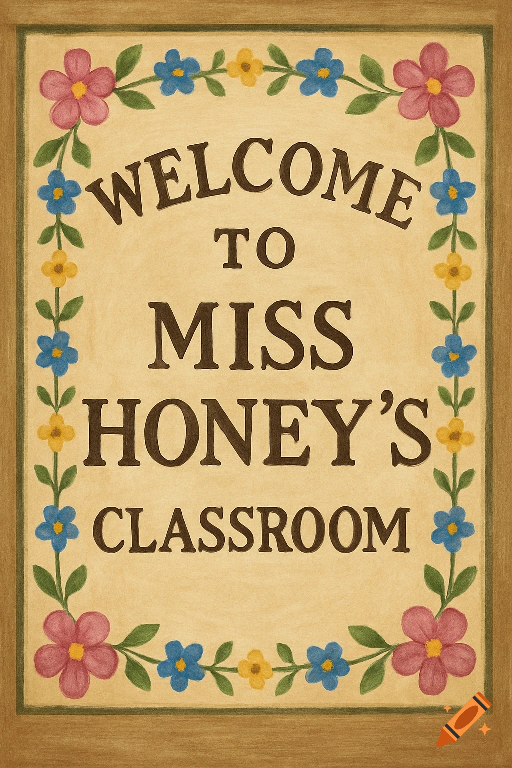 A brown and beige welcome sign for Miss Honey's Classroom, decorated with pink, blue, and yellow flowers and green vines.