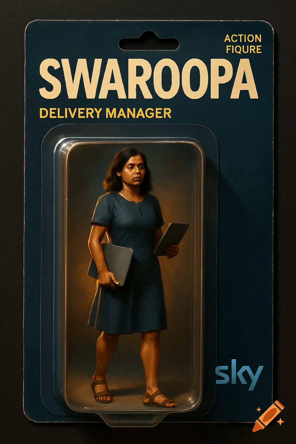 Action figure of a woman in a blue dress, holding a laptop and tablet, packaged in a box labeled 'SWAROOPA'.