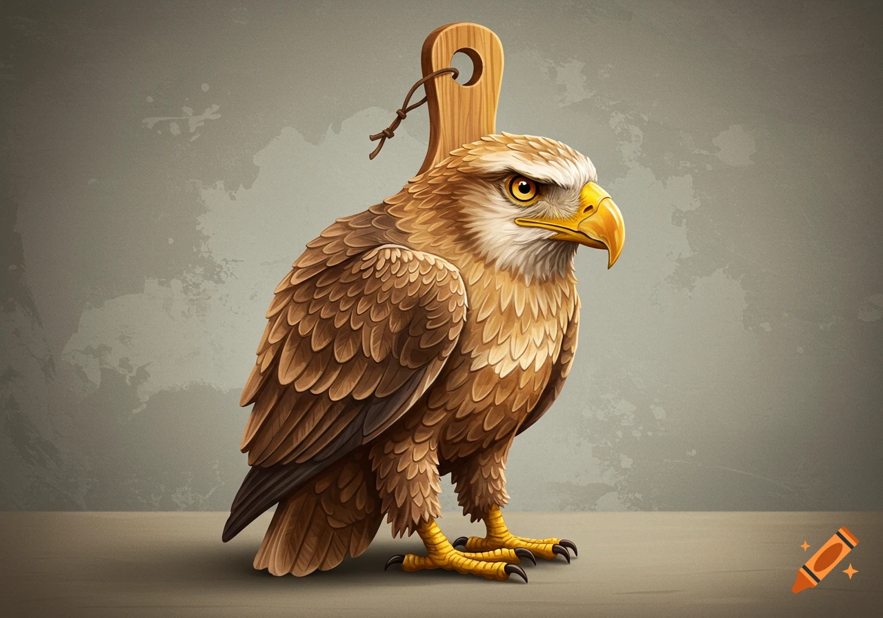 An illustration of a brown and white eagle with a yellow beak and talons, shaped like a wooden cutting board, standing on a muted gray background.