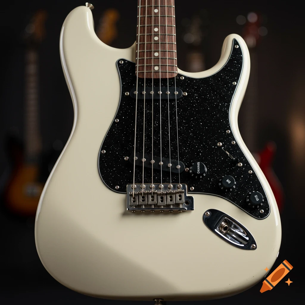 A close-up shot of a white electric guitar with a black speckled pickguard and a dark fretboard.