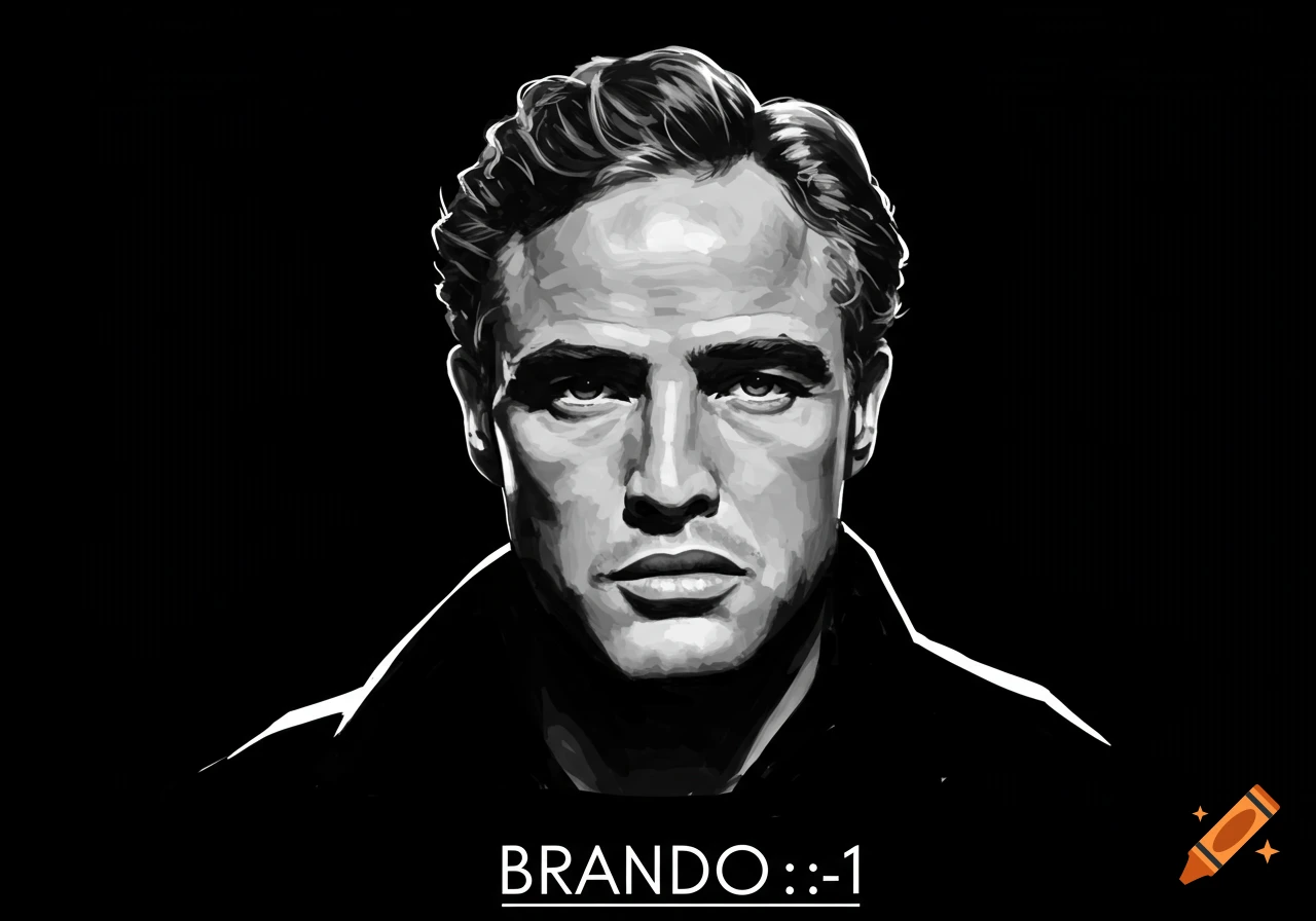 A black and white graphic portrait of actor Marlon Brando looking directly forward, with the text 'BRANDO::-1' underlined below.