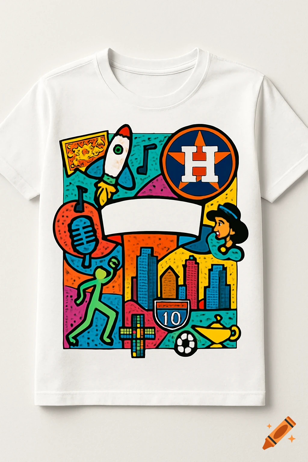 A white t-shirt with a colorful, pop art style design featuring elements related to Houston, including a rocket, skyline, I-10 sign, an H logo, a microphone, and a magic lamp.