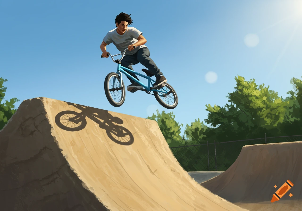 A young man on a light blue BMX bike performs a trick, soaring over a dirt jump ramp under a clear blue sky.