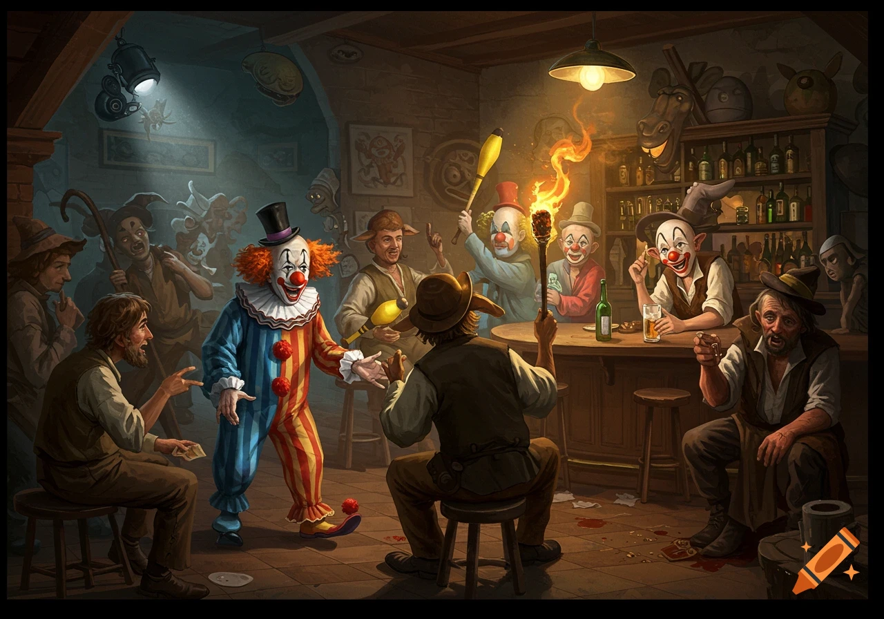 A group of clowns and shepherds gathered in a dimly lit, rustic tavern. Some clowns are performing, while others socialize at the bar. The scene has a painterly, stylized look.