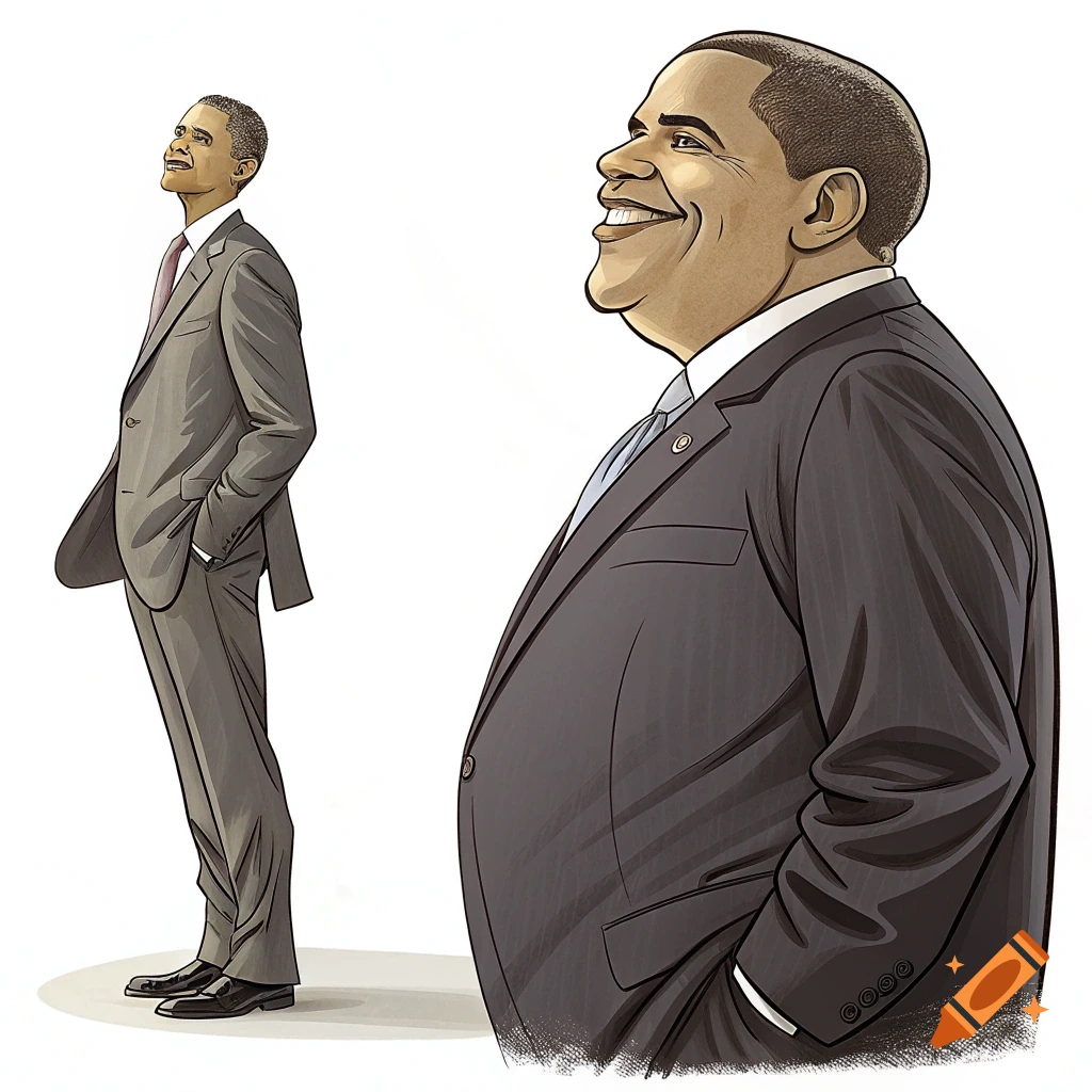 A cartoon illustration of Barack Obama, depicted as obese, smiling and looking up, against a white background.