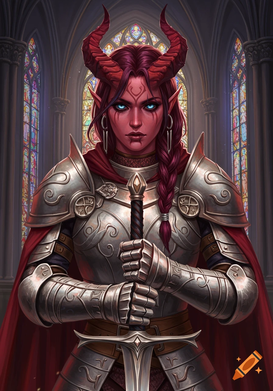 A red-skinned tiefling knight with horns and blue eyes in silver armor and a red cape, holding a sword in a gothic cathedral with stained glass. Digital painting.
