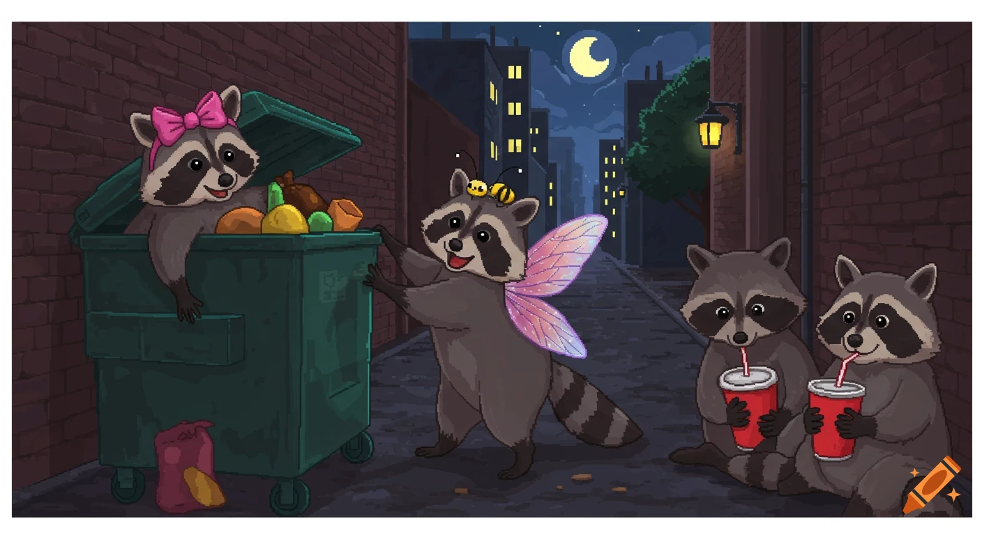 Three happy pixel art raccoons in a nighttime alley: one in a dumpster with a pink bow, one with fairy wings helping, and one sipping soda.