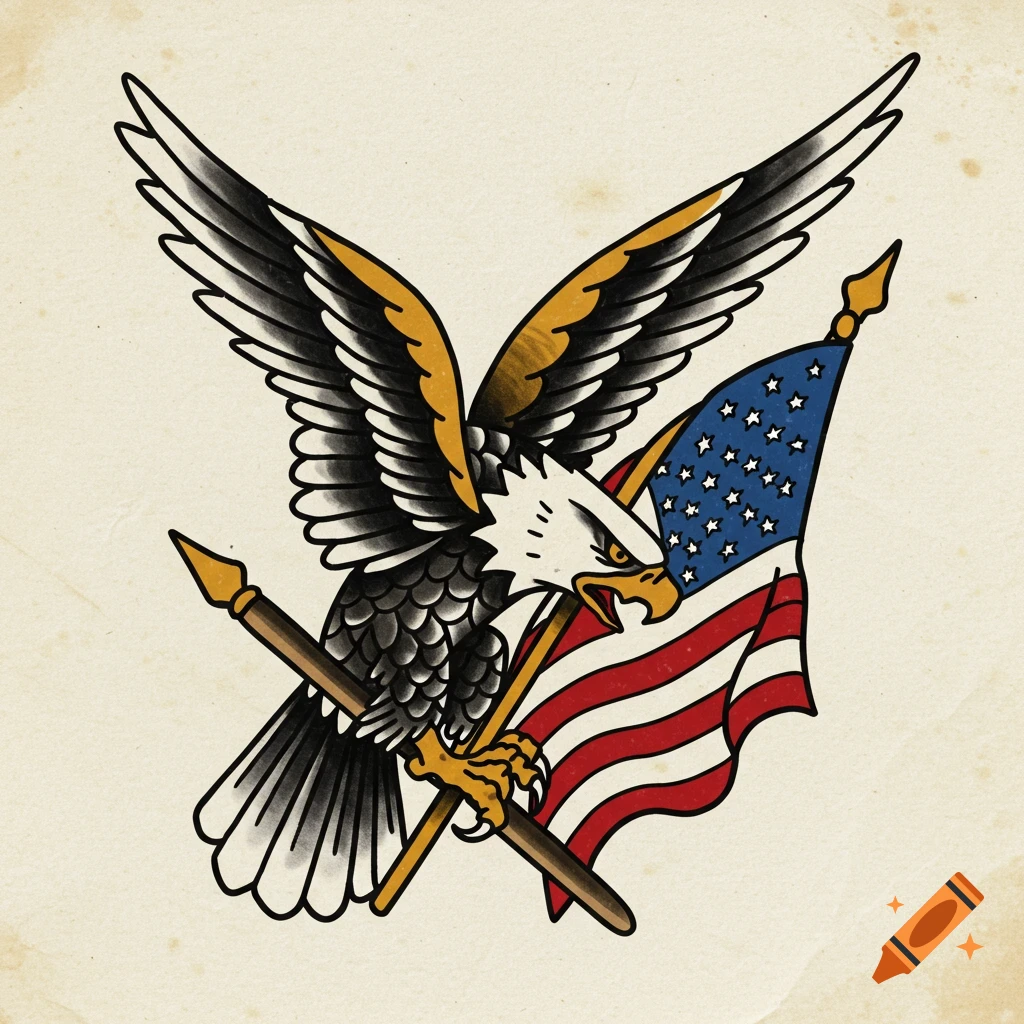 American traditional tattoo style illustration of an eagle holding an American flag and a spear.