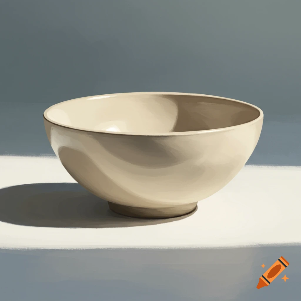 A beige ceramic bowl sits on a white surface with a shadow, against a gray background, in a digital painting style.