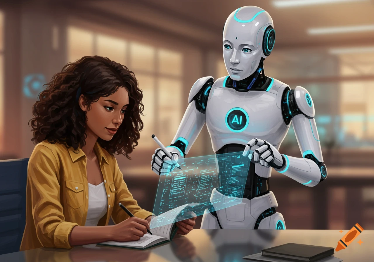 An illustrated scene of a woman taking notes at a desk, with a white AI robot assisting her by interacting with a holographic screen.