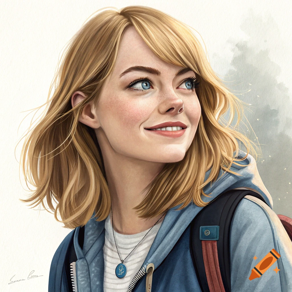Illustrated portrait of Emma Stone with blonde hair and blue eyes, smiling and looking upwards, wearing a blue hoodie and backpack.