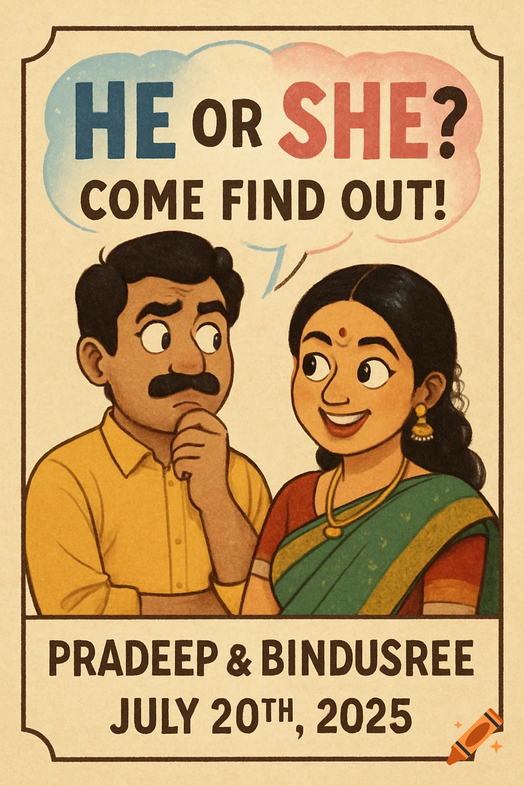 Cartoon illustration of an Indian couple on a gender reveal invitation. Text says 'HE OR SHE? COME FIND OUT! PRADEEP & BINDUSREE JULY 20TH, 2025'.