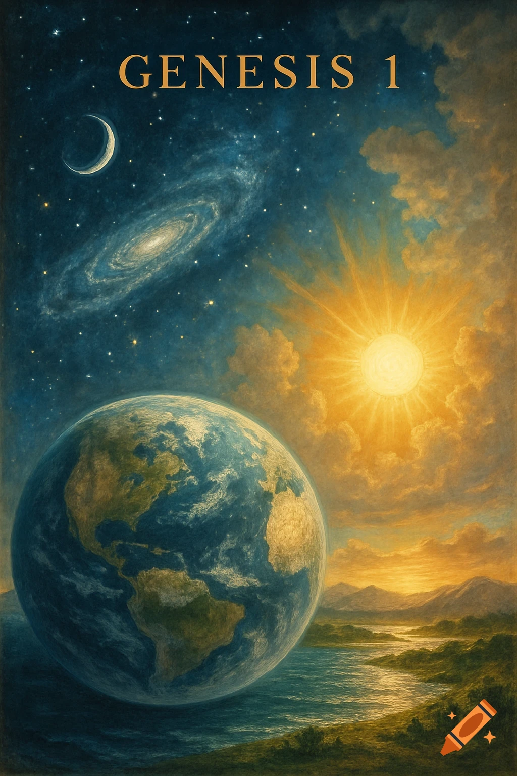 Stylized painting of Earth, moon, galaxy, and sun over a landscape, with 'GENESIS 1' text.