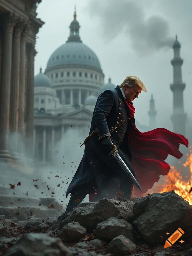 Photorealistic image of Donald Trump in a dark coat and red cape, holding a sword, amidst rubble and fire near a domed capitol building and a smoky sky.