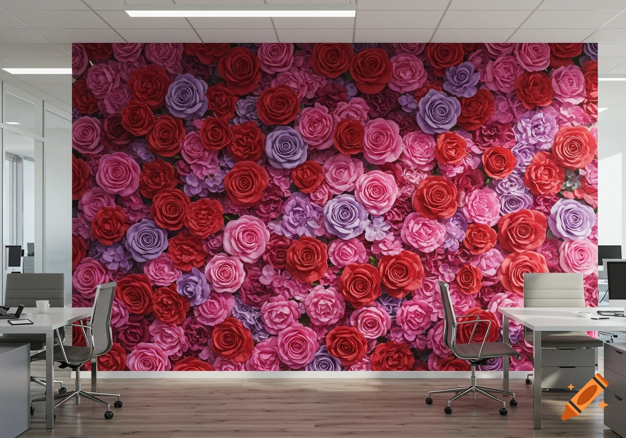 An office wall covered in a vibrant mural of red, pink, and lavender roses. The room features office desks and chairs.