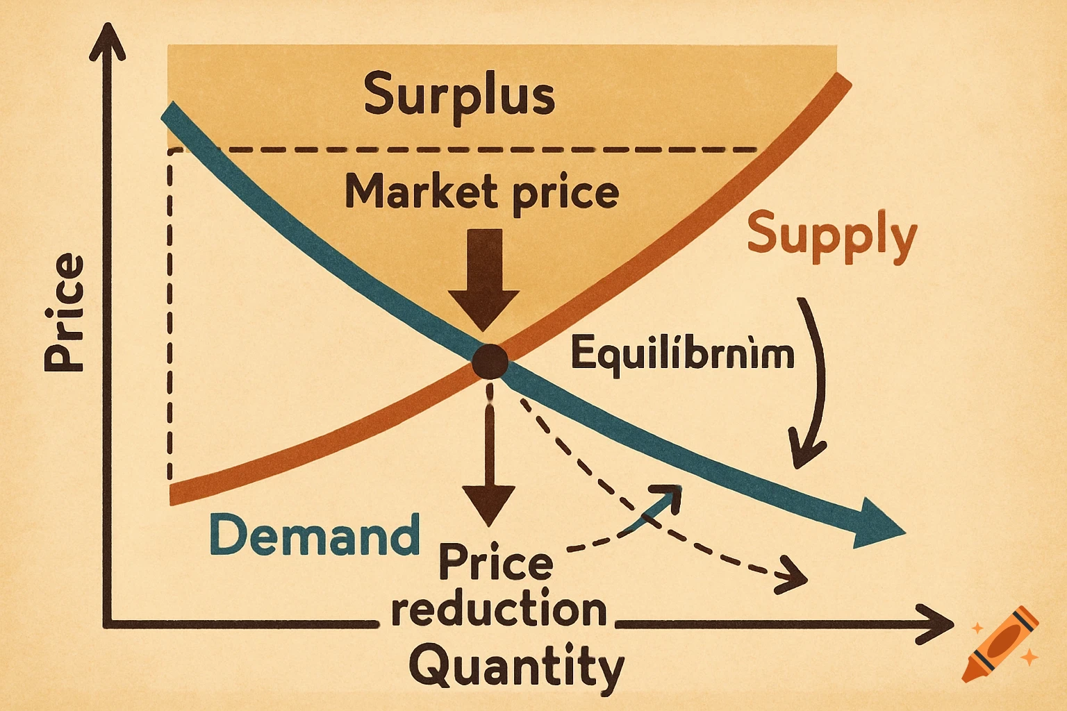 A brown and blue economic supply and demand graph illustrating surplus, market price, price reduction, and quantity.