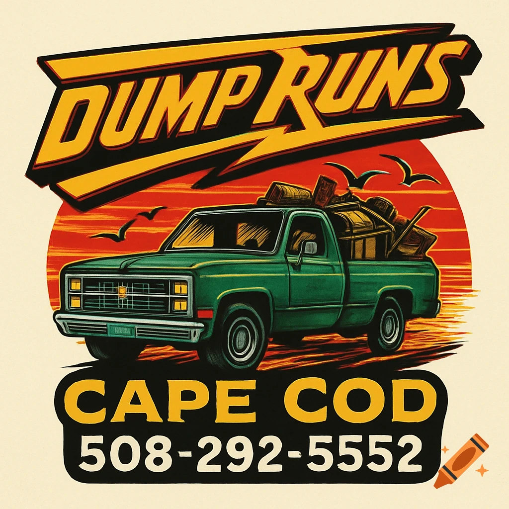 Retro logo for Dump Runs Cape Cod: green 80s pickup truck with junk, seagulls, sunset background, and phone number 508-292-5552.