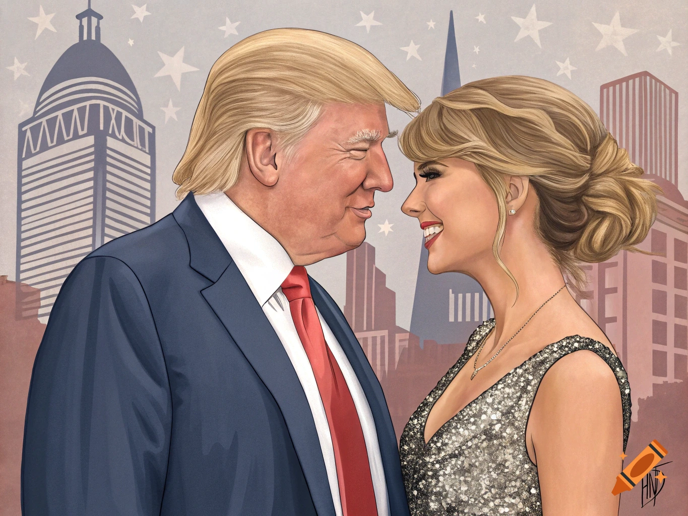 Stylized illustration of Donald Trump and Taylor Swift facing each other, with a city skyline and stars in the background.