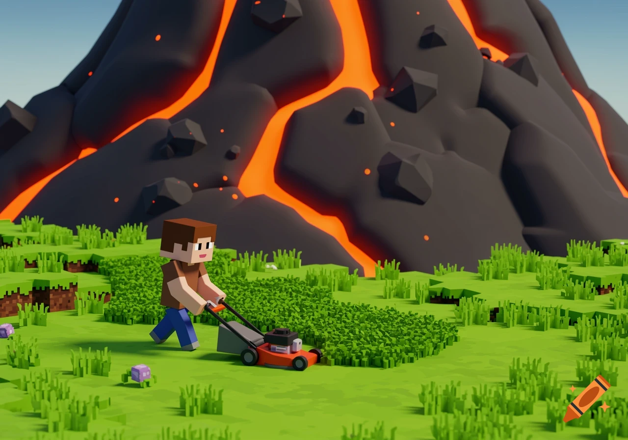 A cartoon boy in a Minecraft style mows a vibrant green lawn at the base of a large volcano.