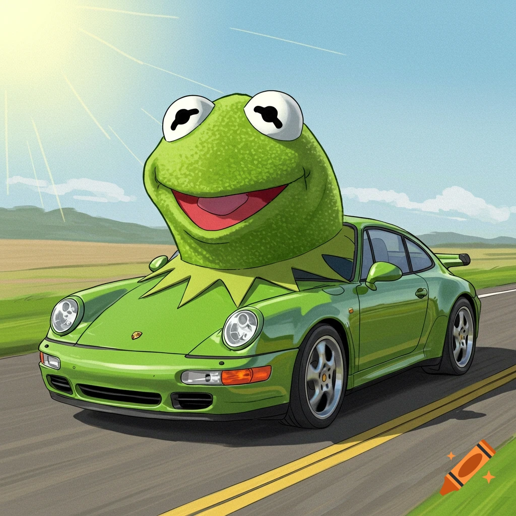 Cartoon illustration of Kermit the Frog's head on a green Porsche 911 driving on a road under a sunny sky.