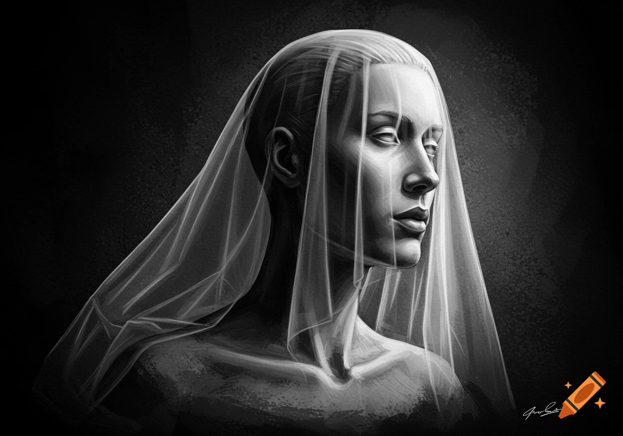 Monochromatic digital art portrait of a veiled figure in profile with white eyes against a dark background.