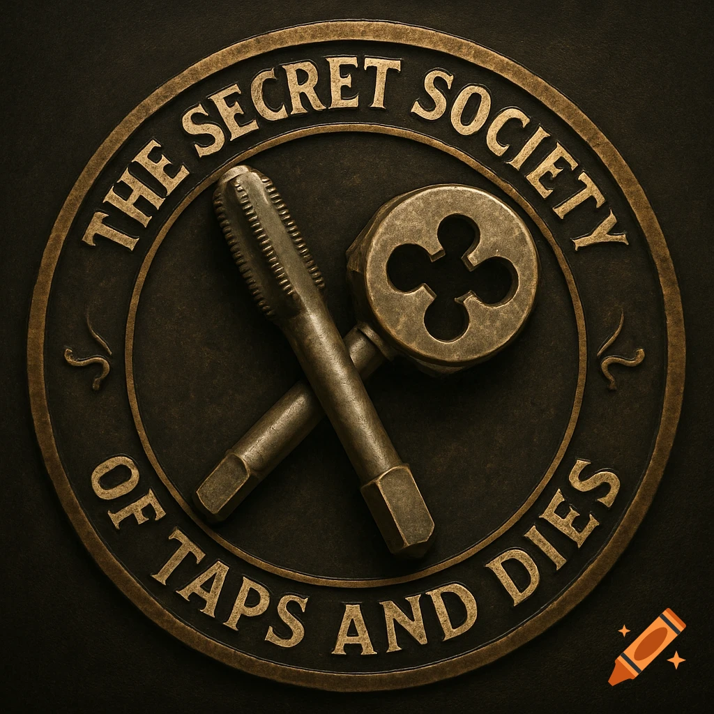 A bronze circular emblem for "The Secret Society of Taps and Dies" featuring crossed tap and die tools at its center.