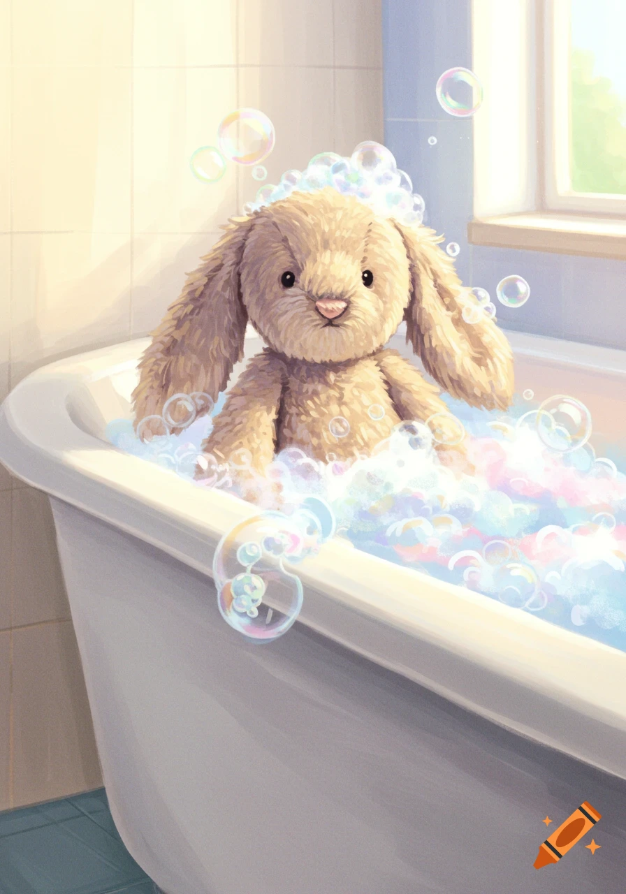 A plush brown bunny sits in a bathtub full of colorful bubbles, bathed in warm sunlight from a window.