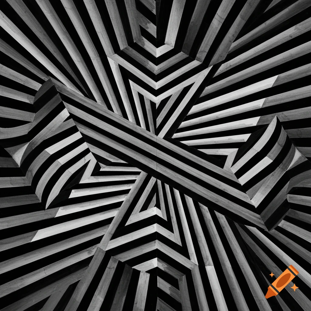 An abstract black and white optical illusion with converging stripes and geometric patterns creating depth.