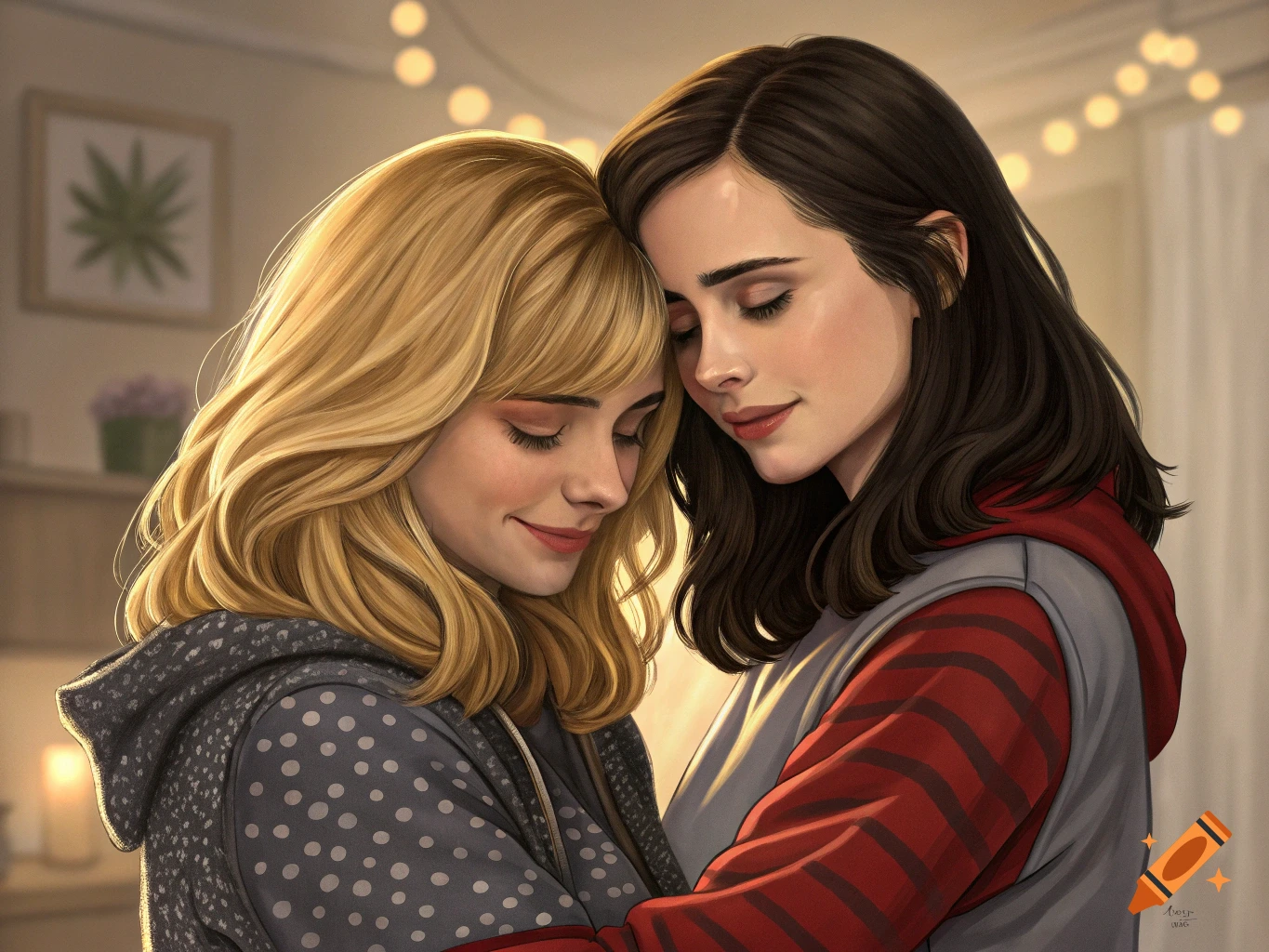 Digital painting of two women, one with blonde hair, one with dark hair, embracing with their heads close, in a warm indoor setting.