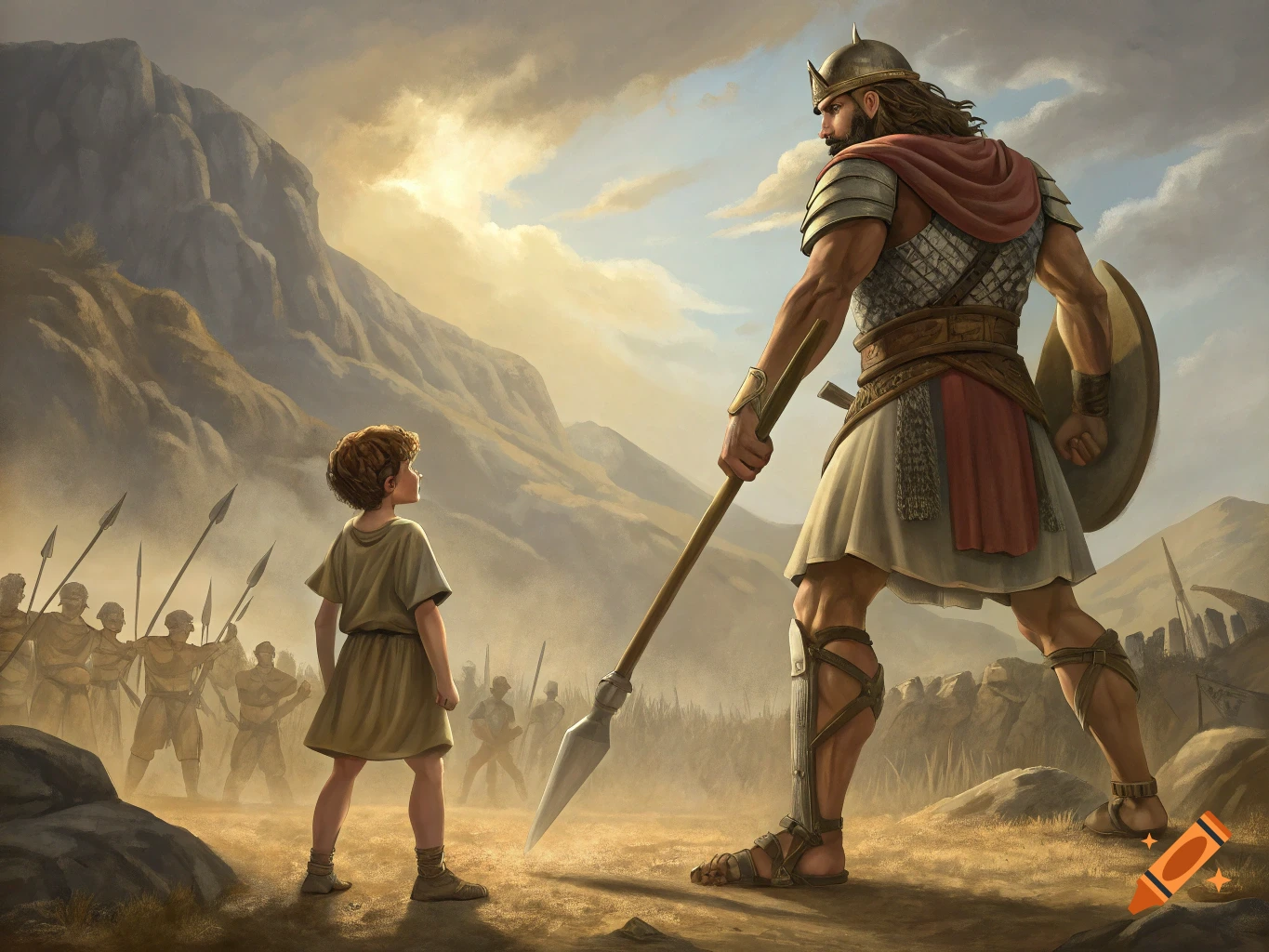 A small boy stands before a giant armored warrior holding a spear on a battlefield with an army in the background under a dramatic sky.