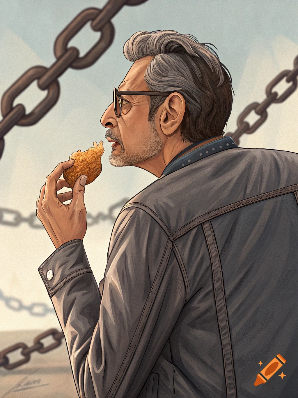 Illustrated portrait of Jeff Goldblum eating fried chicken with large chains in the background.