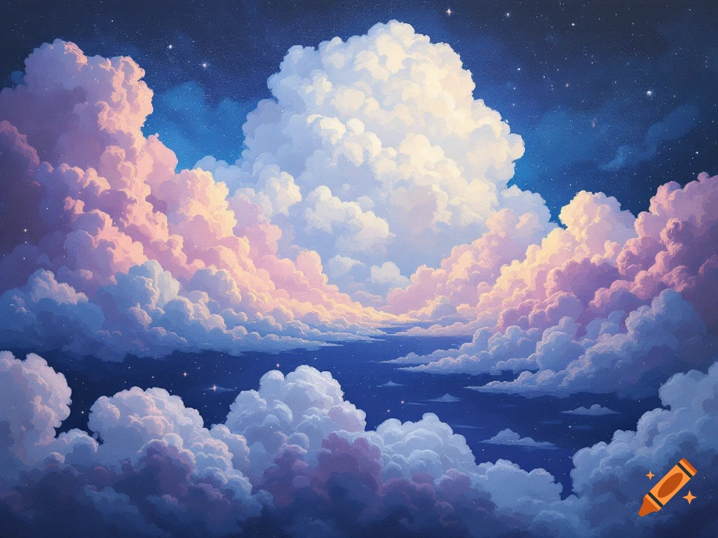 Vast artistic sky filled with fluffy clouds in shades of pink, gold, and white, set against a dark blue, star-filled night.