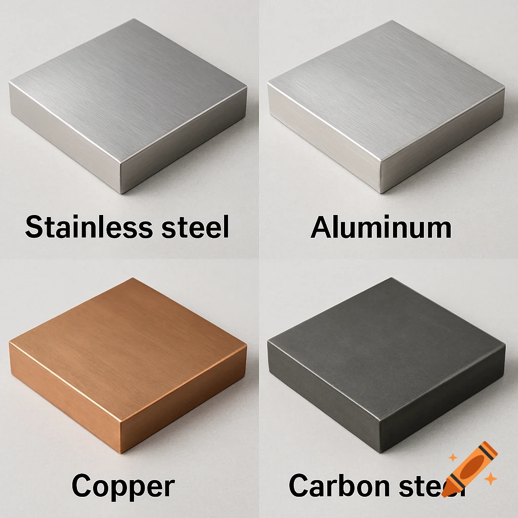 Four square metal blocks, each labeled: Stainless steel, Aluminum, Copper, and Carbon steel. Photorealistic style.
