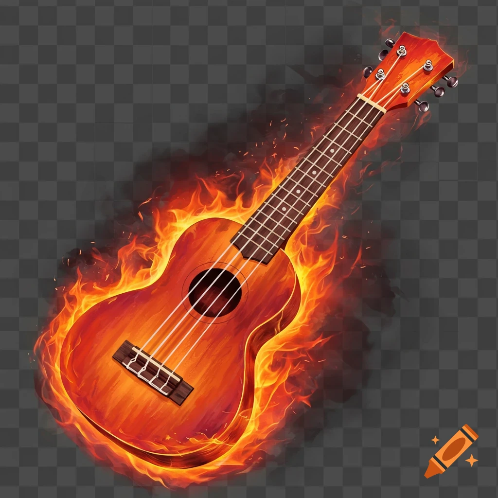 An abstract illustration of a burning ukulele engulfed in flames on a transparent background.