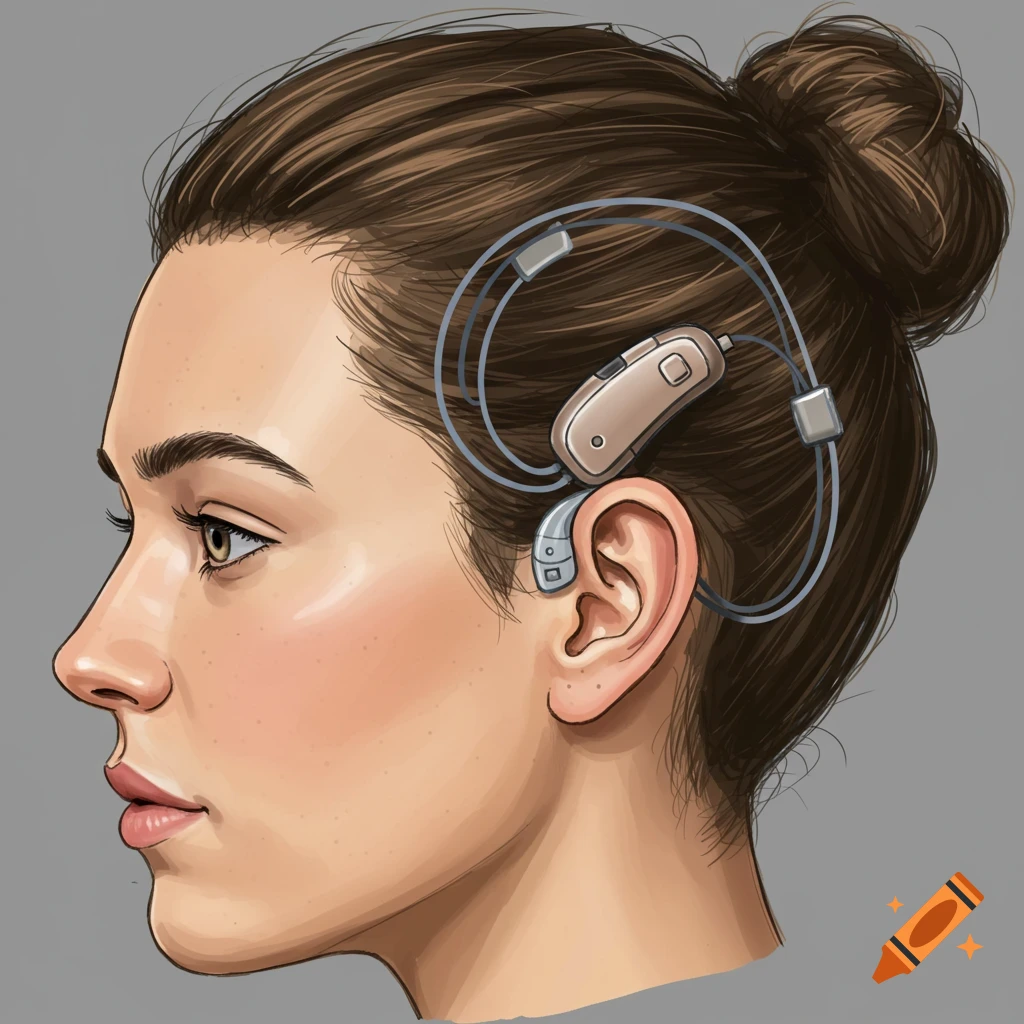 Side profile illustration of a woman's head wearing a behind-the-ear cochlear implant audio processor with the coil visible.