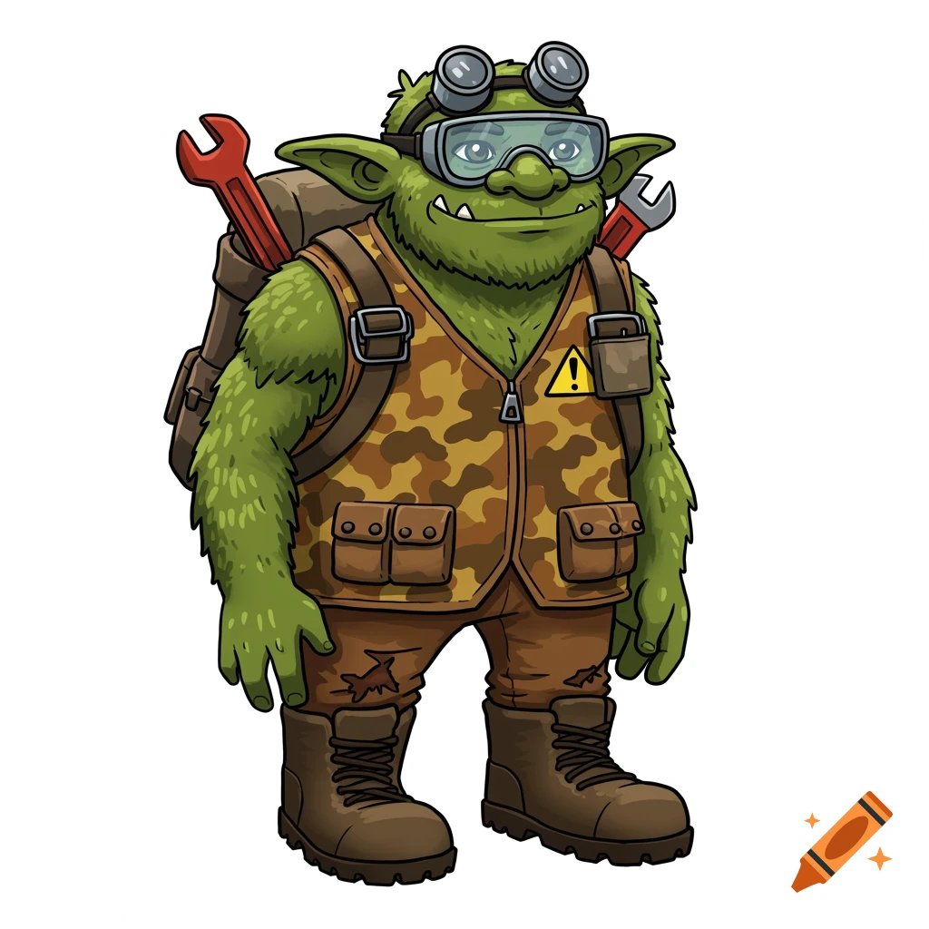 A cartoon safety troll with green fur, a camouflage vest, goggles on his head, and oversized boots, carrying a backpack and wrenches.