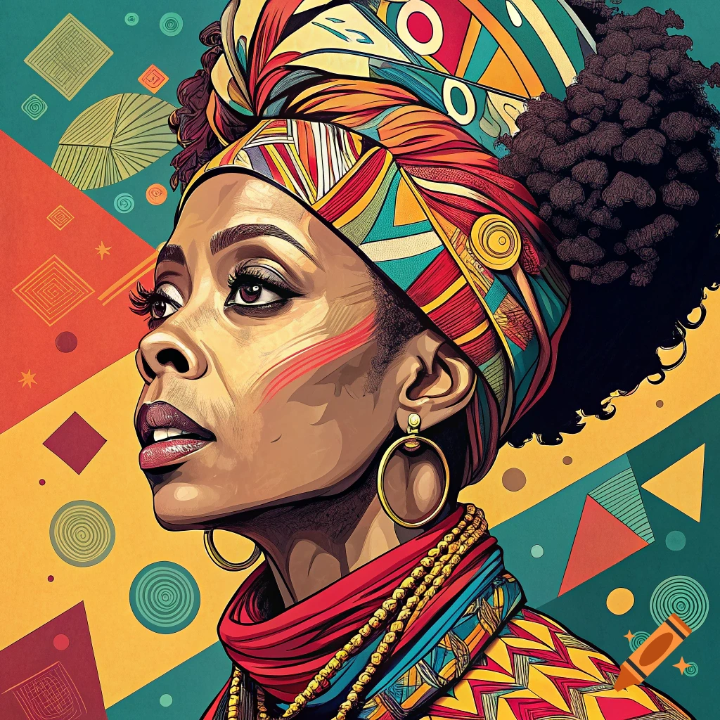Stylized pop art portrait of a woman with a colorful patterned headwrap and clothing, against a geometric background.